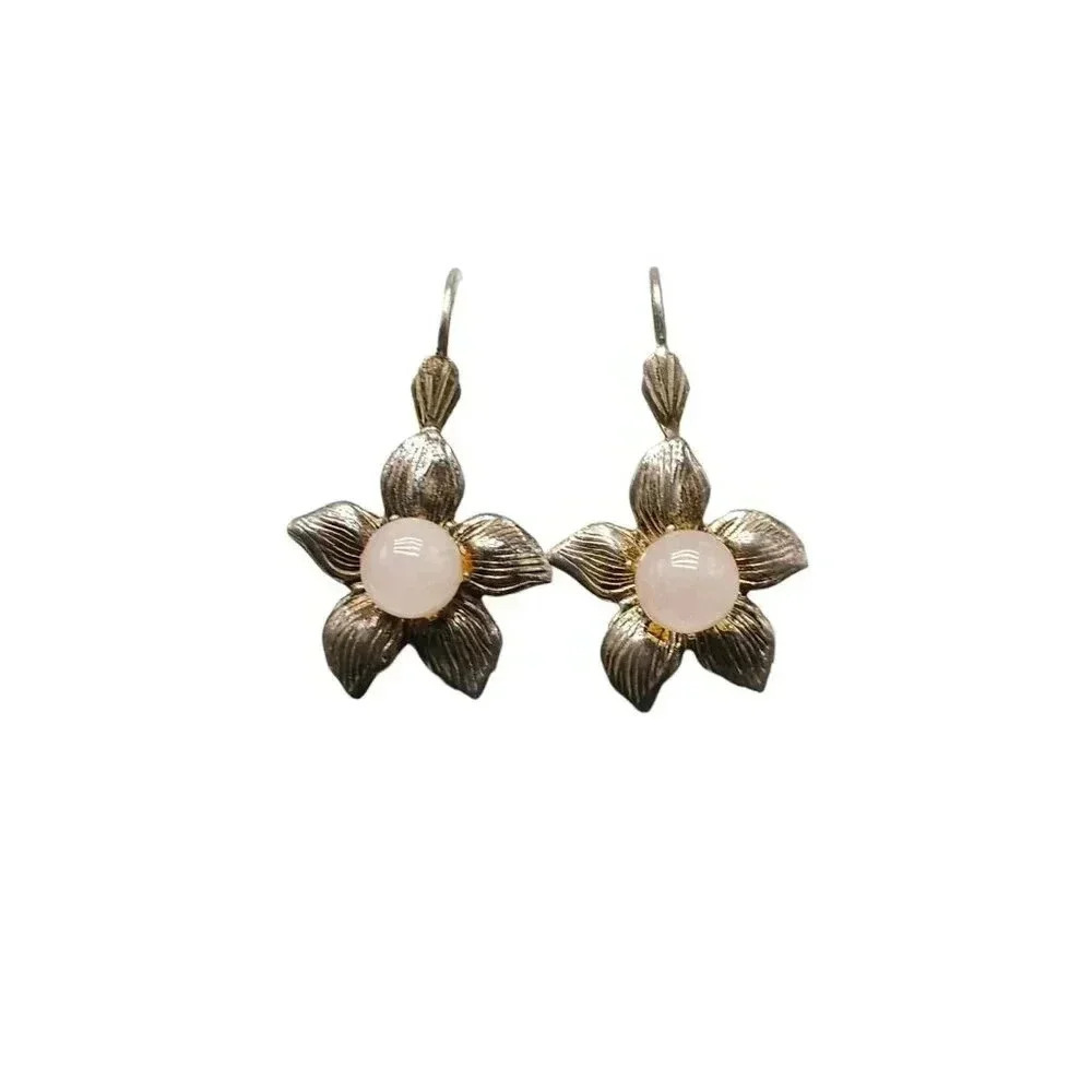925 Sterling Silver Pink Quartz Textured Floral Dangle Drop Earrings Vintage